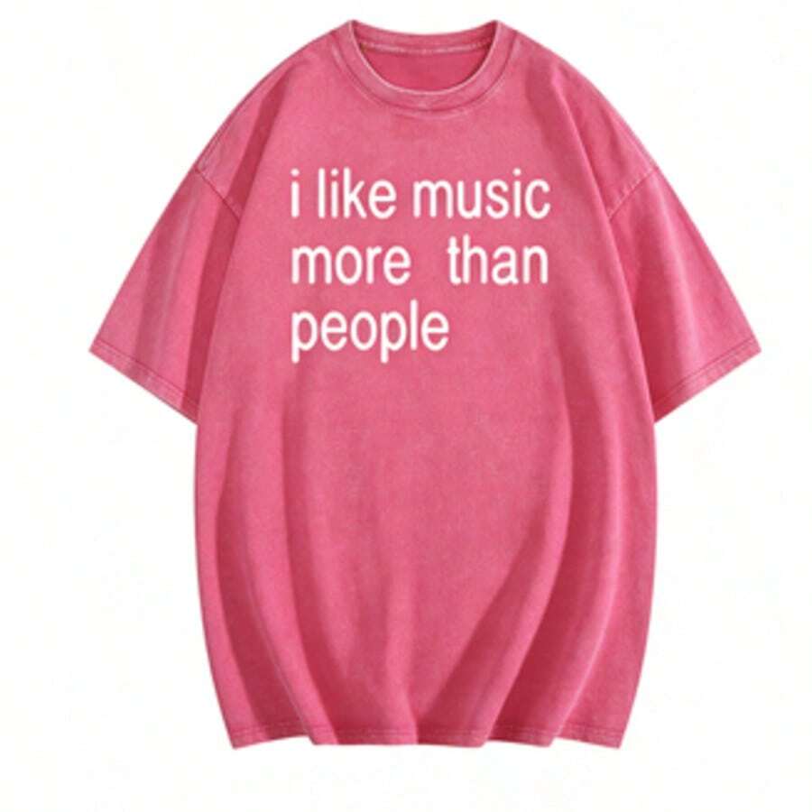 COCOC 2025 New Summer Loose Pattern Round Neck Shirt,Funny Quote Unisex Tee,  I Like Music More Than People, Music Lover Shirt, Graphic Tee, Sarcastic Gift, Introvert Apparel, Humor Top - 玫瑰紅 - 查看 1