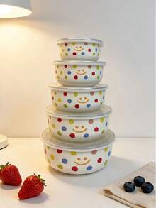 5pcs Multi-Color Enamel Sealed Container Set, Capacity 10/12/14/16/18, Food Storage Bowls For Fruits & Vegetables, Round Lid Containers, Reusable Lunch Boxes, Stylish Enamel Soup/Salad Bowls, Suitable For School, Camping, Picnic, Office - Multicolor Fresh-keeping Bowl - View 20