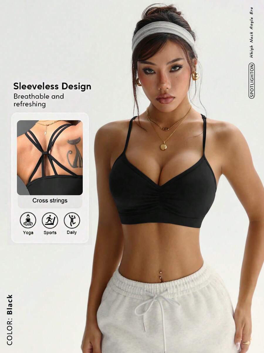 Women's V-Neck Ruched Criss-Cross Back Sports Bra, Breathable Skin-Friendly Spaghetti Strap Fitness Bralette, Ruched Front Design To Shape Bust, Multi-Strap Criss-Cross Hollow Back Design, Fashionable And Eye-Catching, Spaghetti Straps Fit Shoulder And Neck Without Slipping, Breathable Fabric To Say Goodbye To Sweat, Provides Moderate Sports Support, Multiple Colors Available For Simple And Versatile Style, Suitable For Yoga, Running, Fitness Training, Can Be Worn Directly As Outerwear Or As Inner Layer, Combines Sports Practicality And Vibe Women's Sports Tank Top - Black - View 1