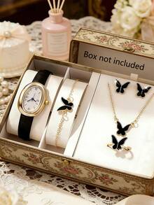 6PCS Elegant Butterfly Women's Watch Set, Including An Oval Roman Numeral Quartz Watch, Butterfly Women's Bracelet, Women's Earrings, And Ring. The Gold Watch Case Paired With A Black PU Leather Strap Offers A Delicate And Lively Style, Fully Showcasing A Romantic Vibe. - Black - View 7