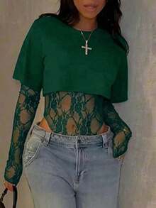 Women's Sexy Sheer Lace Short Sleeve Crop Top, Solid Color Lace Patchwork See-Through Sexy Bodysuit For Daily Wear, Dating, Single Party, Stage Performance, Spring/Summer Pink - 綠色 - 查看 7