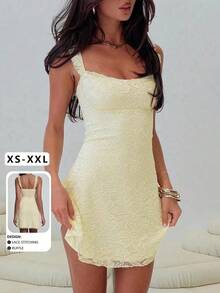Vestido mini elegante y de moda con diseño de volantes, tirantes con lazo y parches de encaje, sin mangas y ajustado para fiesta - Amarillo - Ver 4