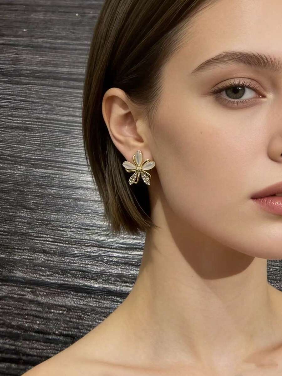 1对经典花朵耳钉，时尚百搭 - 彩色 - 查看 1