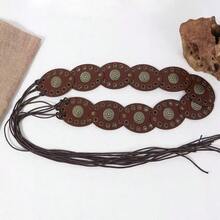 A Spliced Bohemian PU Leather American Retro Round Hollow Wide Waist Seal, Western Cowboy Style Punk Hot Girl Women's Belt, Round Cake Retro Distressed Rivet Heavy Industry Spliced Strap Leather Belt, Versatile For Skirts And Pants - Multicolor - View 1