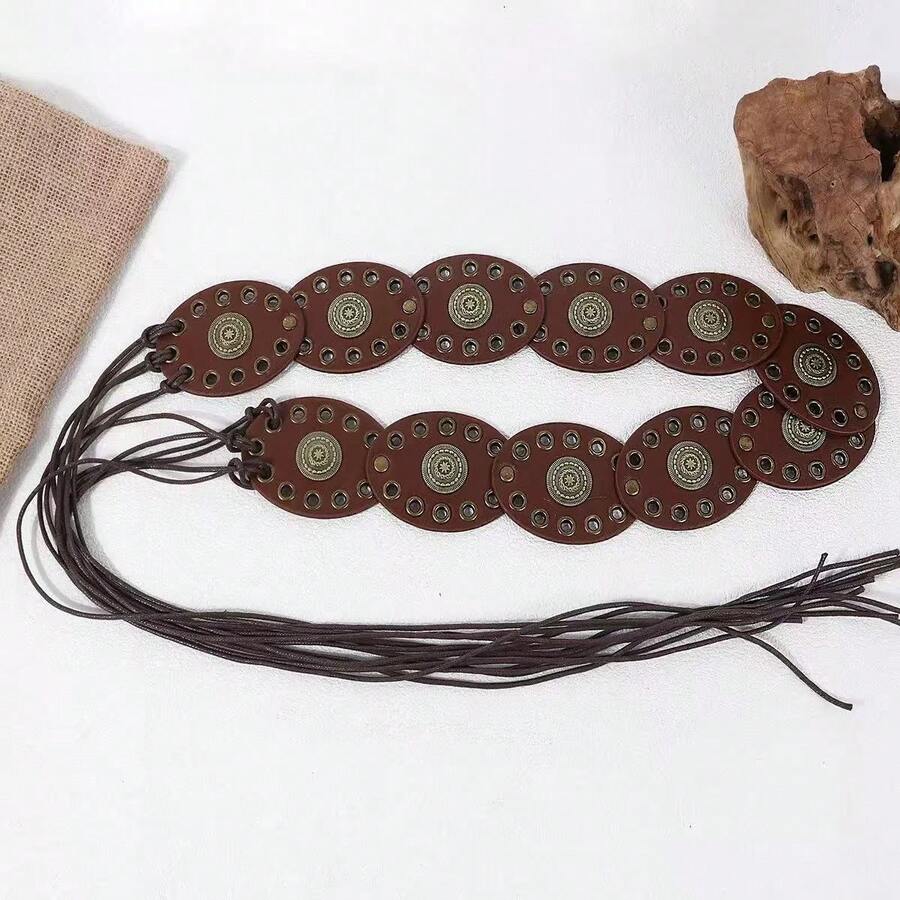 A Spliced Bohemian PU Leather American Retro Round Hollow Wide Waist Seal, Western Cowboy Style Punk Hot Girl Women's Belt, Round Cake Retro Distressed Rivet Heavy Industry Spliced Strap Leather Belt, Versatile For Skirts And Pants - Multicolor - View 1