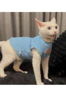 宠物罗纹针织无袖背心，可爱猫咪刺绣图案，透气宠物服装 - 藍色 - 查看 3