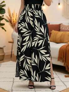 Women's Long Skirt With An Elegant, Modern, And Comfortable Look. Featuring A Sophisticated Leaf Print And A Slit. Suitable For Spring/Summer/Autumn/Winter. - Black - View 2