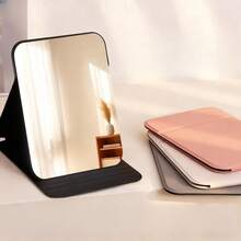 Espejo de maquillaje, espejo de maquillaje de viaje, espejo de cuero sintético portátil, espejo de maquillaje de alta definición plegable con soporte ajustable, adecuado para tocador, oficina, viaje, espejo de maquillaje de sobremesa portátil para viaje, camping, oficina - Multicolor - Ver 4