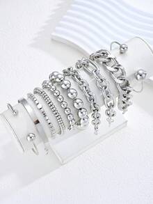 10pcs Vintage Casual Minimalist Women Silver-Gray Thick Chain Beaded Elastic Bracelet Set, Suitable For Daily Wear And Party, Stackable - Silver 3 - View 3