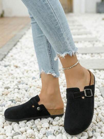 女士搭扣装饰无后跟平底一脚蹬鞋，休闲软木底穆勒鞋，适合春、夏、秋季穿着的舒适一脚蹬鞋