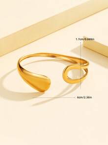 1pc Elegant Vintage Coin Style Thick Heavy Metal Smooth Open Bangle Bracelet, Stainless Steel 18K Gold Plated Geometric Wave Design Dress Accessory, Daily Wear - Geometry - View 2