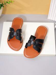 1 Pair Girls' Brown Retro Woven Slide Sandals For Casual Summer Wear - Black - View 5