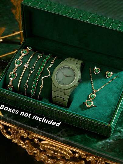 10pcs Set Of Casual Fashion Green Polygon Watch, Gold & Green Chain Bracelet, Necklace, Earrings, Ring, Battery-Free, Minimalist Dial, Versatile For Daily, Party, Holiday, Back To School. Birthday, Valentine's Day Gift, No Box