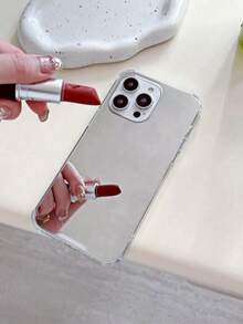 1pc Black Framed Makeup Mirror Phone Case, Compatible With Samsung, Compatible With IPhone 11/12/12 Pro/12 Pro Max/13/13 Pro/13 Pro Max/14/14 Pro/14 Pro Max/15/15 Pro/15 Pro Max/16/16 Pro/16 Pro Max/16 Plus - Silver - View 3