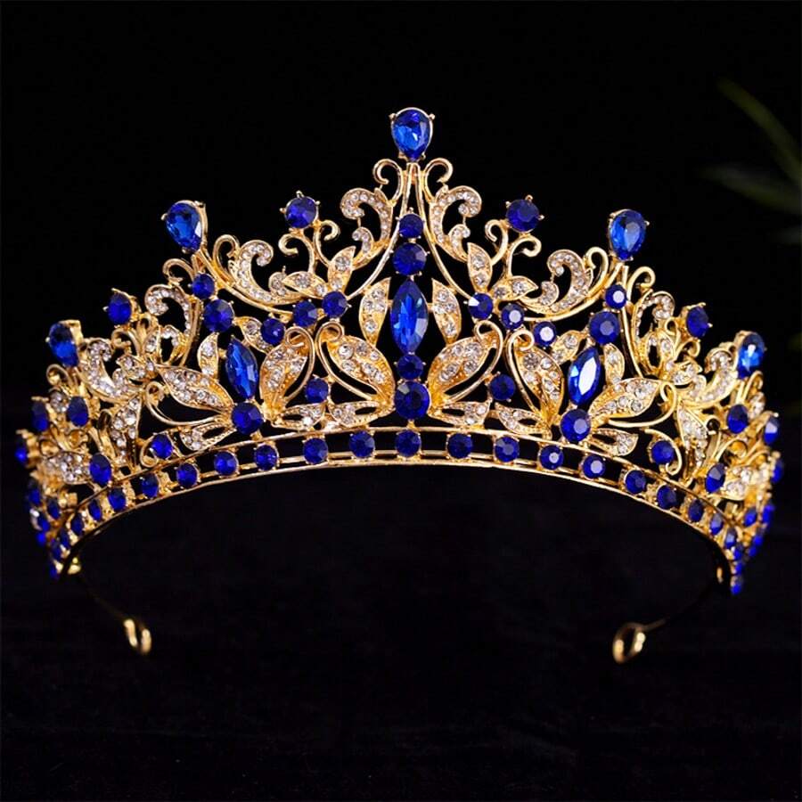 新款水晶水钻皇冠，时尚新娘头饰，百搭水钻半冠发饰，仙女风头饰 - 藍色 - 查看 1