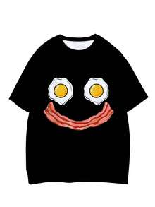 Plus Size Men's Casual Round Neck T-Shirt, Polyester Knit Fabric Comfortable & Breathable, Fashion Casual Cartoon "Funny Fried Egg Face" Graphic Print, Street Style Fresh Design Novelty Personalized Tops - Black - View 2