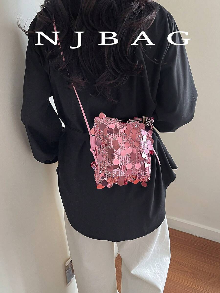 迷你亮片链条单肩包，个性纹理简约斜挎包，优雅手拿包，时尚亮片女士手机包，链条装饰可装手机和零钱，适合购物