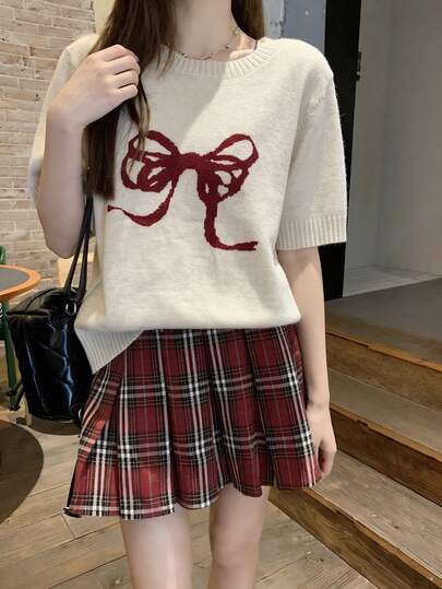 Graphic Print Short Sleeve Knit Top For Women, Lightweight, Loose Fit, Cropped, Summer