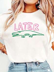 Women's Funny Later Gator T-Shirt - Sarcastic "Later" Crocodile Graphic Tee In White & Pink - Lightweight Everyday Shirt For Women - Machine Washable Casual Top, Allseason Apparel, Playful Graphic Shirt, Comfortable Fit ShirtBreathable All-Season Round Neck Printed T-Shirt - 白色 - 查看 15