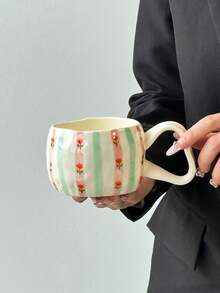 1pc Minimalist Handpainted Heart Ceramic Mug, Korean Ins Style Asymmetrical Handpainted Heart Ceramic Mug With Multicolor Heart, Cloud And Flower Patterns, Ideal For Afternoon Tea, Milk, Latte And Coffee - Multicolor - View 15