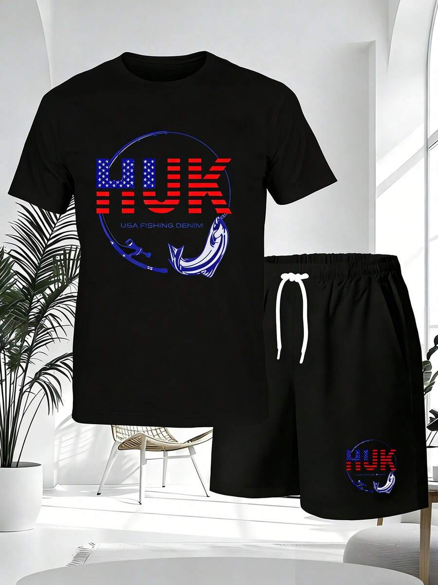Men's Vintage Rock Streetwear 2 Piece Outfits, HUK USA Flag Fishing Graphic Tee | Patriotic Fisherman Unisex T-Shirt, Casual Hip Hop Music Tracksuit,A Suitable Gift For Your Husband Or Boyfriend - White - View 1