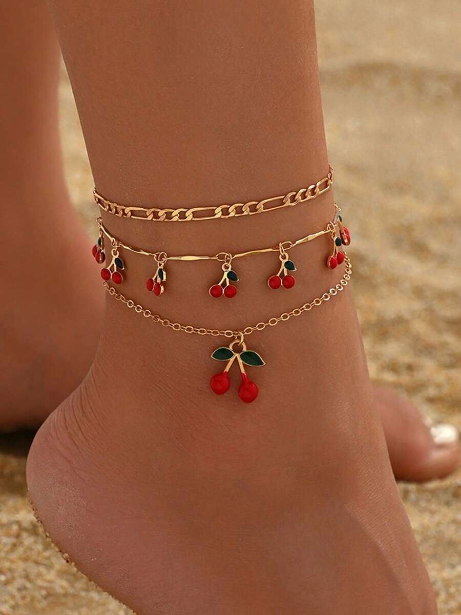 3pcs/Set Summer Sweet Cherry Pendant Anklet, Cute Cherry Tassel Foot Jewelry Set, Fashionable For Daily Casual, Beach, Party, Date Wear. Handmade Adjustable Length And Cherry Quantity - Multicolor - View 1