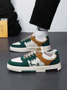 1 Pair Classic Skateboard Shoes, White Flat Casual Sneakers, Thick Sole Fashion Shoes - Green - View 5