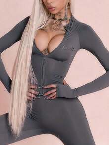 New Fashionable Personalized Street Style Commuter Tight Zip-Up Long Sleeve Jumpsuit Black Spring - Grey - View 4
