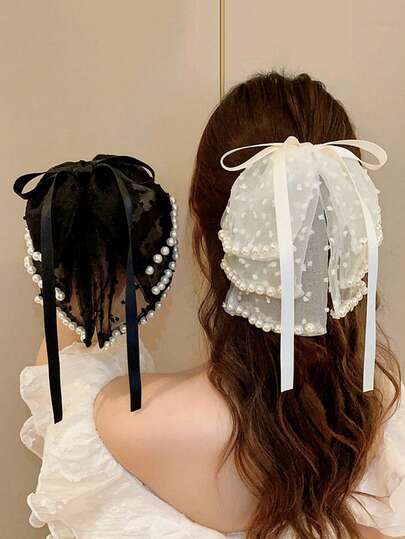 1pc Women's Multi-Layer Pearl Bow Hair Claws, Half Tied Hair, Ponytail, Grab Clip, Hair Accessory