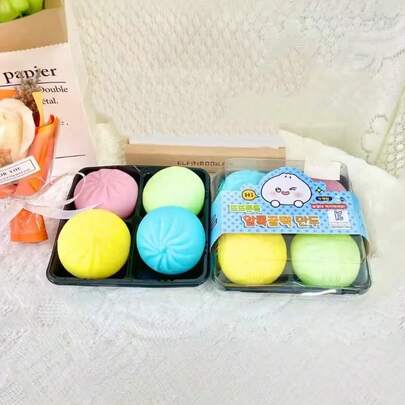 1盒4个逼真彩色蒸包造型软萌玩具，超柔软挤压减压解压玩具