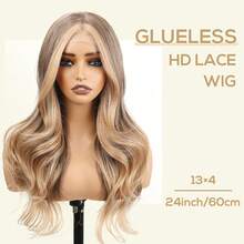 棕金色波浪假发，13x4英寸高清蕾丝修剪长卷合成假发，预修剪发际线耐热无胶假发，24英寸挑染蕾丝修剪日常假发 - 挑染棕色 - 查看 3