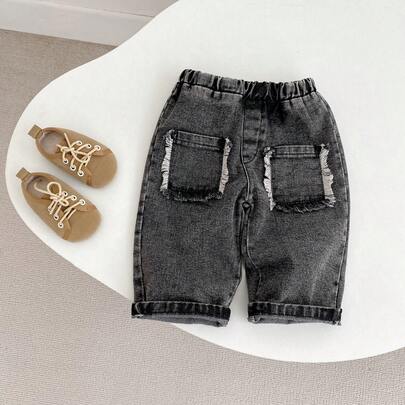 Spring/Autumn New 0-3 Years Old Baby Jeans, Fashionable Boys/Girls Frayed Pocket Cotton Denim 3/4 Pants, Straight Leg (Order One Size Up If Unsure)