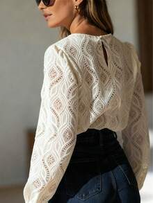 Blusas de mujer elegantes y casuales de unicolor con textura hueca para uso diario en verano - Albaricoque - Ver 5