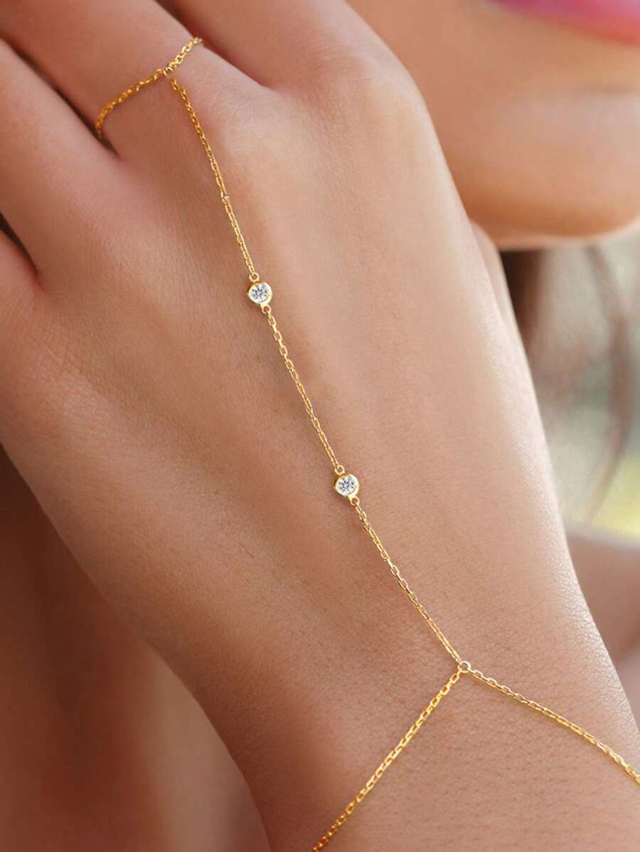 1pc S925 Sterling Silver Round Zirconia Finger Chain, Minimalist Knuckle Hand Chain, Layered Wear Jewelry For Women - Gold - View 1