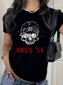 Calavera abstracta con efecto de pincel que simboliza la fuerza interior y la dualidad humana con texto gótico rojo GREY 59 camiseta de mujer 220g casual moderna - Negro - Ver 8