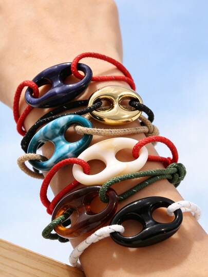 1 件简约时尚夏季叠层铜树脂猪鼻子涤纶手链，女士款，尺寸可调节，适合日常佩戴、休闲外出和海滩度假；是情人节、生日派对和母亲节的理想礼物。