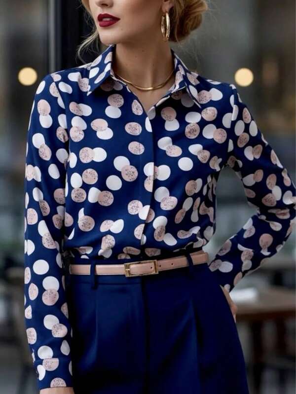 Women's Polka Dot Print Shirt, Collared, Button Front, Long Sleeve With Cuff Buttons, Regular Fit Elegant Blouse, Suitable For Spring/Autumn, Office And Formal Occasions Vacation