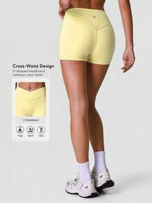Sodalemon Quần short tập yoga không đường may, cạp chéo, màu trơn, thích hợp cho nữ, tập gym, chạy bộ và các hoạt động ngoài trời. - Màu vàng - Xem 2