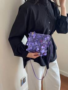 迷你亮片链条单肩包，个性纹理简约斜挎包，优雅手拿包，时尚亮片女士手机包，链条装饰可装手机和零钱，适合购物 - 紫色 - 查看 9