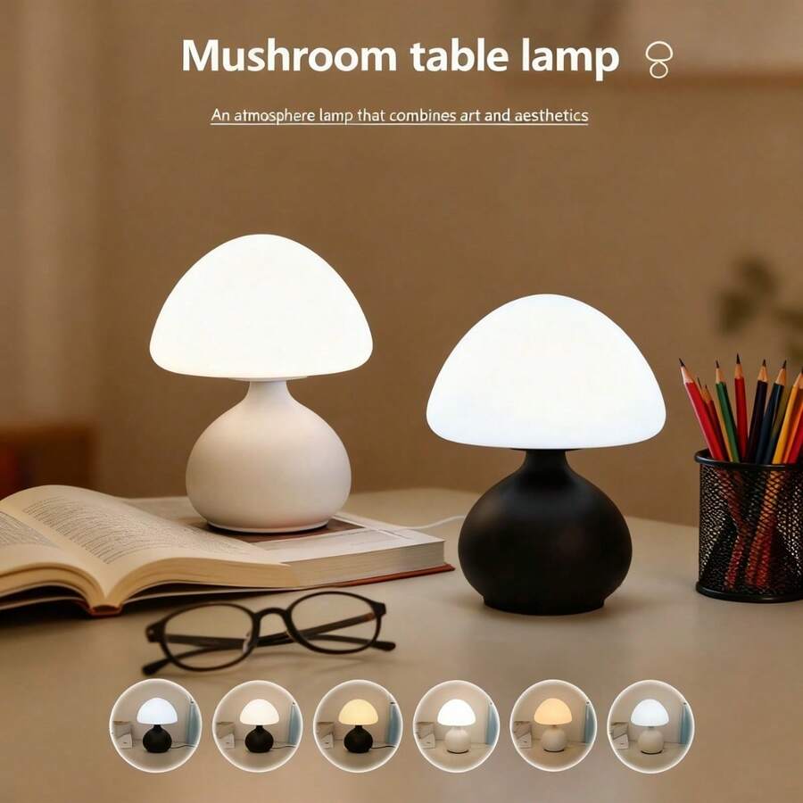 1pc Minimalist Cream-Colored Mushroom Desk Lamp, Adjustable 3-Color Lighting, USB Powered Bedside Lamp Suitable For Bedroom, Study, Cafe, Living Room, Dining Room Decor, Gift Lamp - Three Colors - View 1