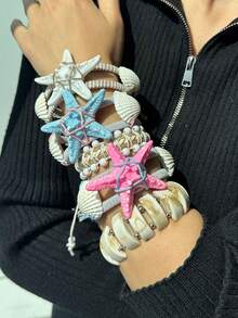 手工彩色绳编夸张树脂海星手链，波西米亚风多色珠子友谊绳手链，适合夏季海滩度假 - 彩色 - 查看 4