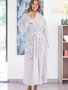 1pc Women's Plush Soft Robe, Cozy Warm Bathrobe, Thick Kimono Robe, Sleepwear - Multicolor - View 9