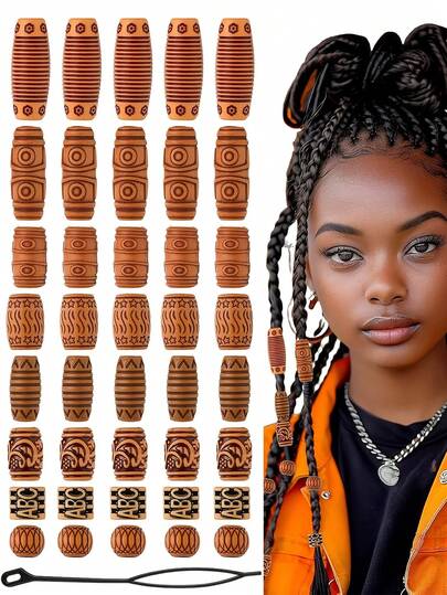 41Wood Hair Beads For Braids Loc Jewelry Beads For Hair Wooden Beads Dreadlock Accessories Multi Shape Loc Beads Hair Decoration For Women And Men, Style-5