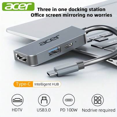 Acer HY41-T3 USB-C Hub 3-In-1 Multi-Port Adapter, HDTV, 100W Power Delivery, USB-A Data Port, Compatible With MacBook Pro/Air, IPad Pro, IMac, IPhone 16 Pro/Pro Max, XPS, Thinkpad Docking Station
