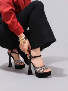 Giày sandal cao gót đính ren và đá lấp lánh thời trang, giày dự tiệc gợi cảm, giày mules hở mũi gót vuông, giày cao gót đen dành cho nữ. - màu đen - Xem 9