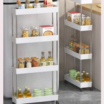 多功能白色滑动式储物架推车，镂空沥水多层超薄储物推车，纤薄储物推车，滚动式储物推车，窄型储物架，浴室储物架，厨房、浴室、洗衣房移动储物架，节省空间储物架，多层落地式储物架，适用于厨房、洗衣房和其他狭窄空间的塔式储物架