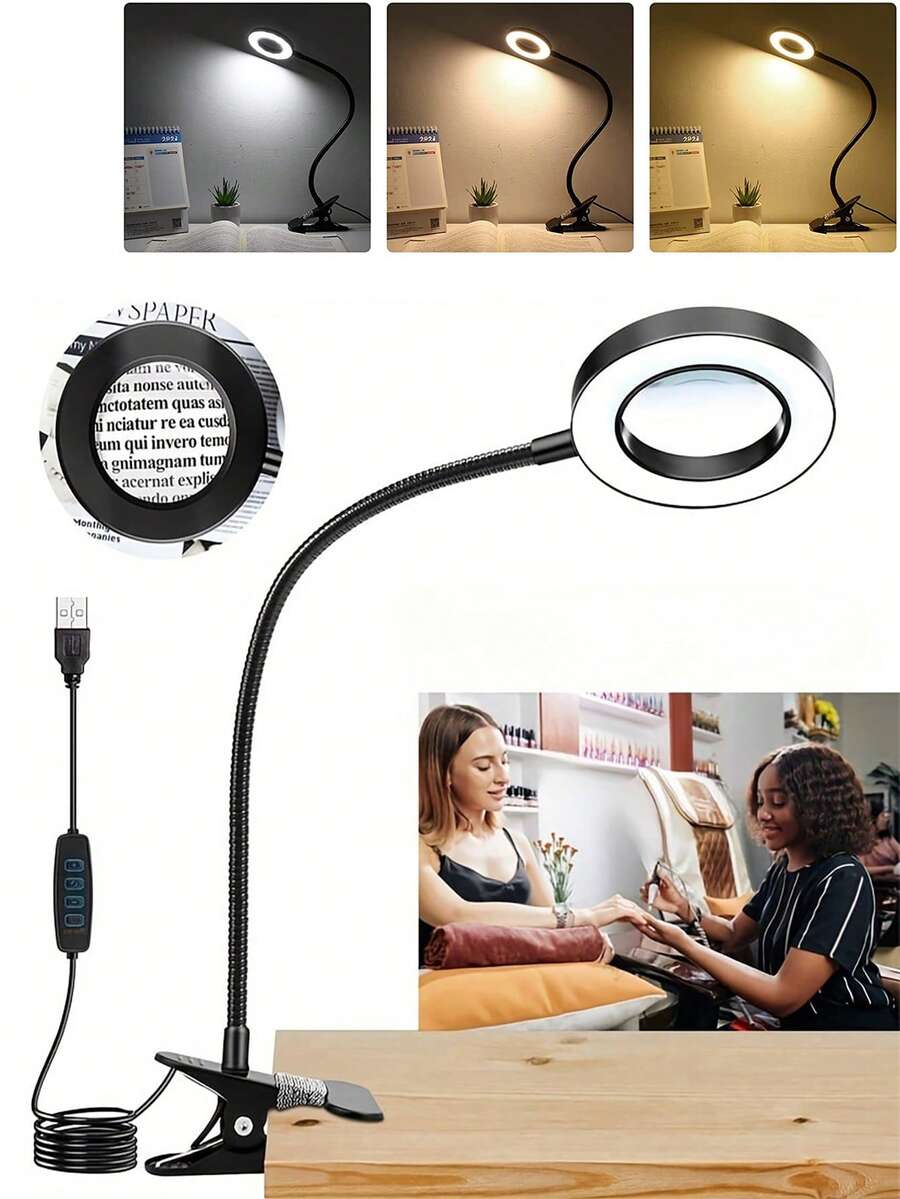 1个放大镜台灯,3合1灯光颜色可变,10级亮度可调,USB 5V供电,护眼阅读台灯,适用于Zoom会议、美甲、办公室工作、居家学习。 - 均碼 - 查看 1