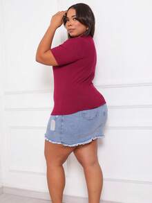 Women's Plus Size Ribbed Blouse Round Neck Elastic Comfortable Mother's Day - 紫紅色 - 查看 5