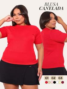 Women's Plus Size Ribbed Blouse Round Neck Elastic Comfortable Everyday Wear - Red - View 8