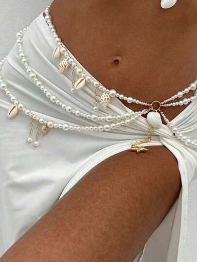 1pc Multi-Layer Beach Vacation Seashell, Starfish Decor Waist Chain For Women, Sexy Bikini Pearl Scallop Body Chain